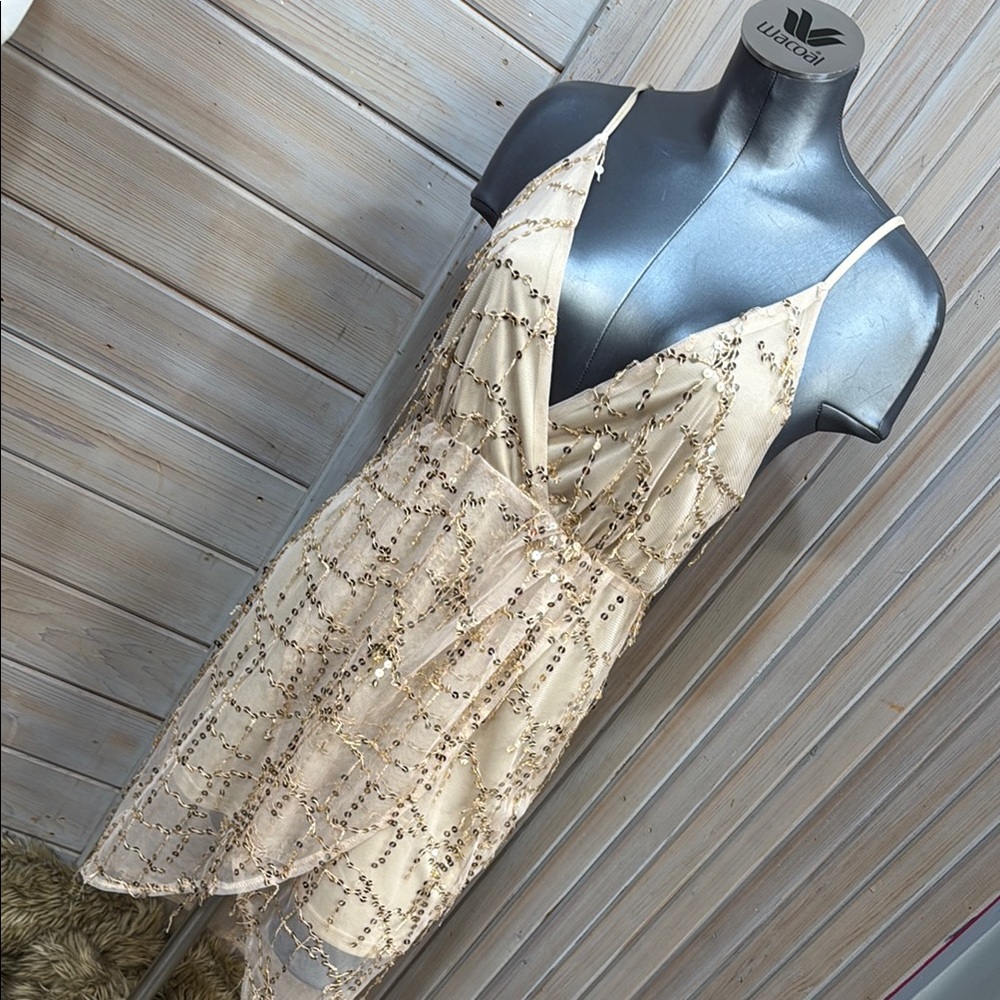 Source Unknown Gold Cream Cocktail Mini Dress